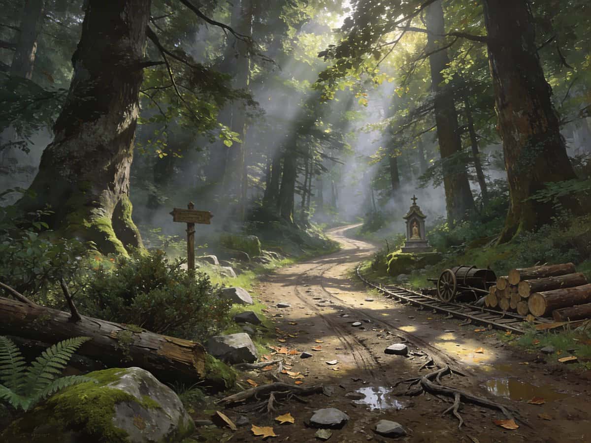 Seedream 5.0 AI 生成的迷雾魔法森林小径概念艺术,阳光光束和古老神社